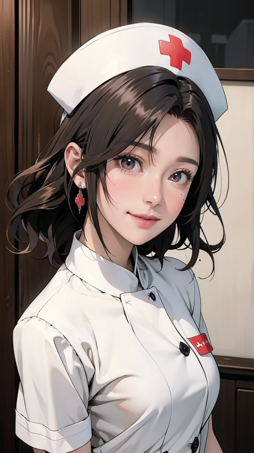 White nurse uniform, White nurse hat, Nurses room background , Sayuri,  anime cell style ,  best quality,  high definition ,  1 girl, very small breasts,  Facial beauty,  black hair,  wavy hair,  short hair ,  dark eyes,  COWBOY SHOOTING , smile,  blanking