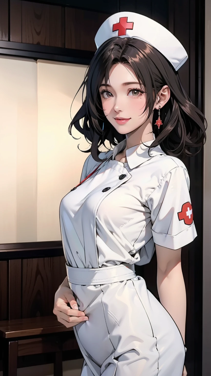 White nurse uniform, White nurse hat, Nurses room background , Sayuri,  anime cell style ,  best quality,  high definition ,  1 girl, very small breasts,  Facial beauty,  black hair,  wavy hair,  short hair ,  dark eyes,  COWBOY SHOOTING , smile,  blanking