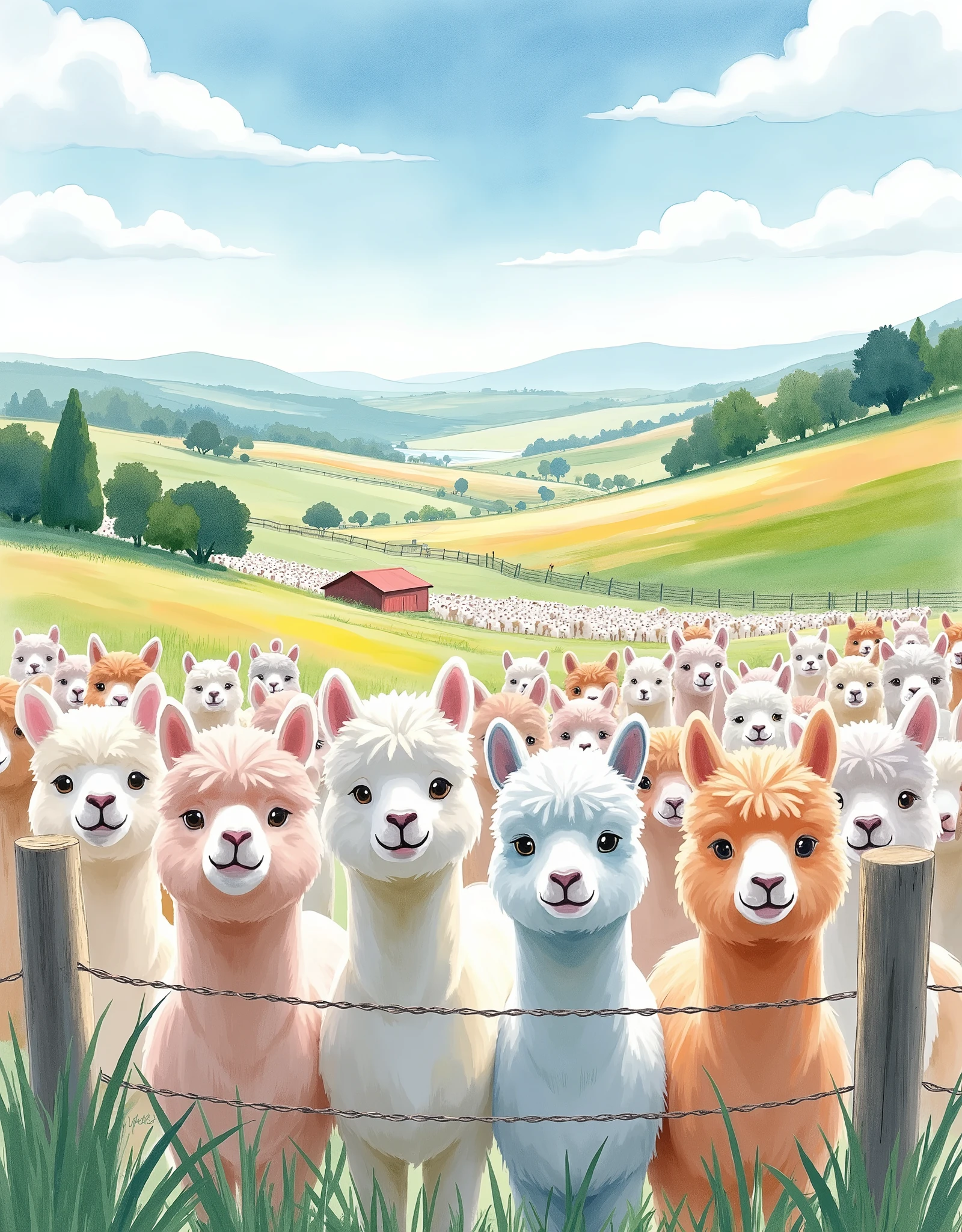 (masterpiece:1.2, best quality, ultra high resolution, Very detailed, best illustrations),8k,16k,wallpaper,Pastoral idyll,美しい gradient , vibrant colors,( Countless cute alpacas line up and face out of the fence:2.0),(Alpaca face up :2.0),(A South American ranch filled with endless alpacas:2.0),( dynamic:2.0),Watercolor,Smear, gradient ,Blur, sputtering,Layering,Dry brush,wiping , Soft-touch illustration 