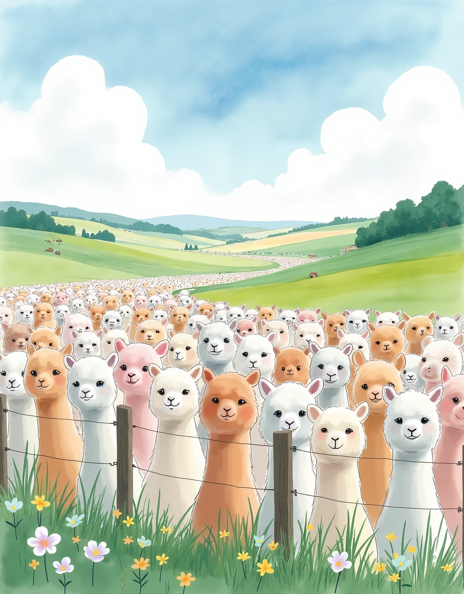 (masterpiece:1.2, best quality, ultra high resolution, Very detailed, best illustrations),8k,16k,wallpaper,Pastoral idyll,美しい gradient , vibrant colors,( Countless cute alpacas line up and face out of the fence:2.0),(Alpaca face up :2.0),(A South American ranch filled with endless alpacas:2.0),( dynamic:2.0),Watercolor,Smear, gradient ,Blur, sputtering,Layering,Dry brush,wiping , Soft-touch illustration 