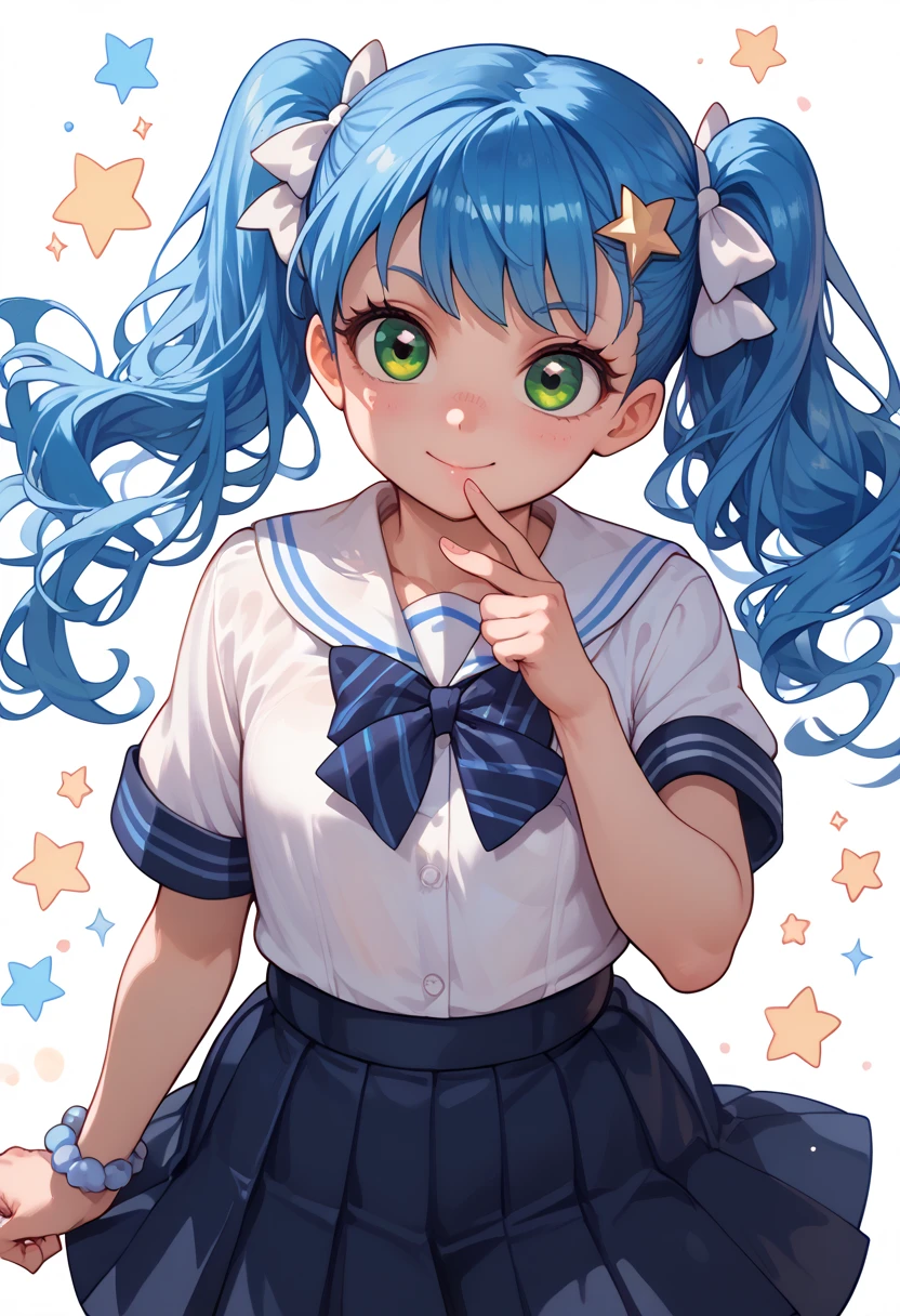 loli, long blue hair, big white bow, green eyes, stars in her eyes, Japanese school uniform