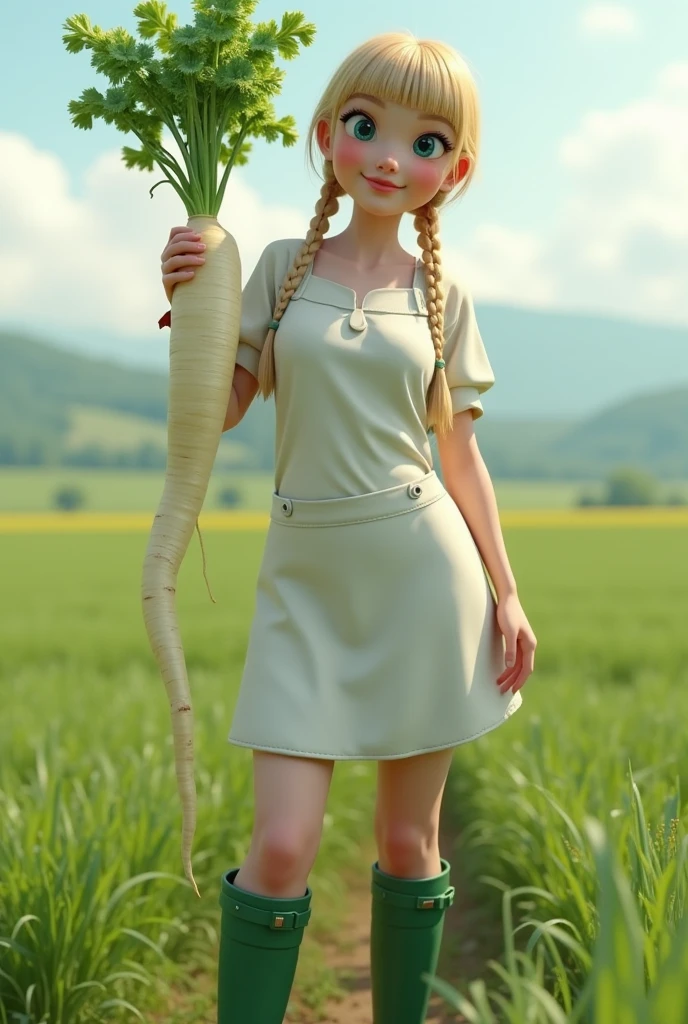 Super realistic illustration, Cinema 4D rendering, 1 lady, solo, blush smile, braided blonde hair, blunt bangs, Azure eyes. white apron with sleeves, green rubber boots, Harvesting daikon in a large field, holding a big Daikon with green leaves, shaped to resemble a lady's groin and thighs, Daikon skin texture, showing the big Daikon to the camera, Pastoral Idyll