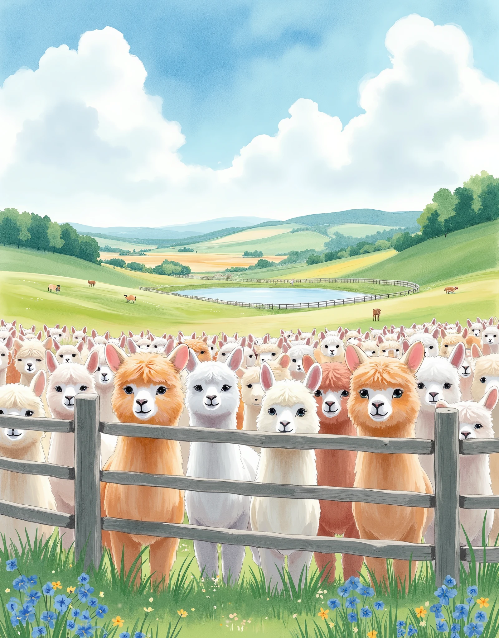 (masterpiece:1.2, best quality, ultra high resolution, Very detailed, best illustrations),8k,16k,wallpaper,Pastoral idyll,美しい gradient , vibrant colors,( Countless cute alpacas line up and face out of the fence:2.0),(Alpaca face up :2.0),(A South American ranch filled with endless alpacas:2.0),( dynamic:2.0),Watercolor,Smear, gradient ,Blur, sputtering,Layering,Dry brush,wiping , Soft-touch illustration 