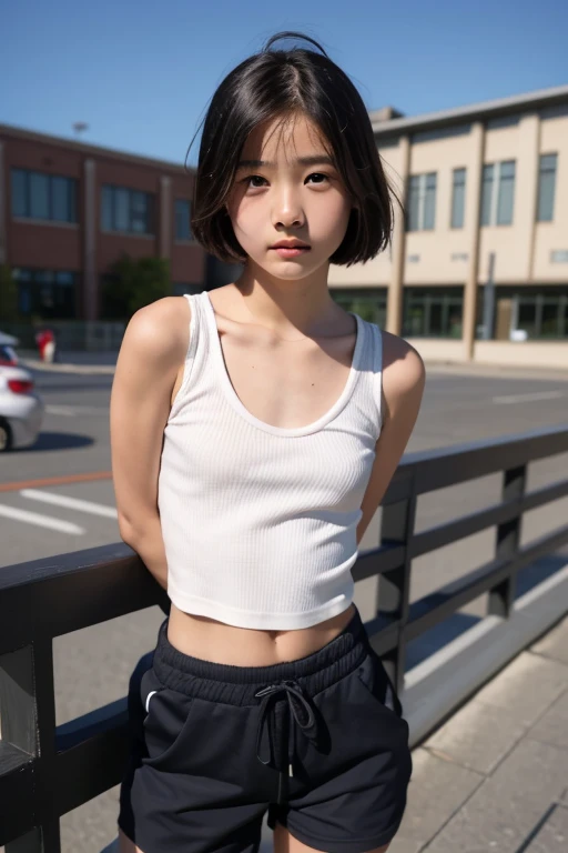 Warning when viewing,Orientate,ultra high resolution,1 person,whole body,black hair, Problematic expression,looks straight into the camera,Beautiful and refined face,thin and beautiful skin,skin texture,High school students,Sporting goods,,shorts,Class after school,rack,[short hair,Very good,