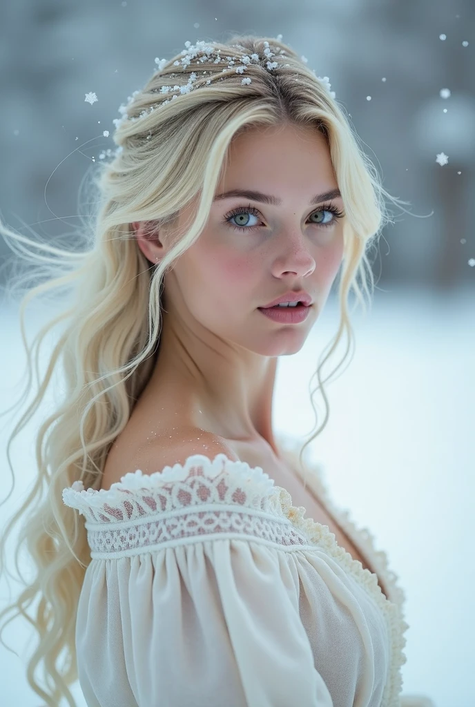 a close up of a woman in a white dress in the snow, karol bak uhd, blonde goddess, winter princess, ice queen, very beautiful elven top model, anna nikonova aka newmilky, a gorgeous blonde, goddess of winter, blonde elvish empress, sexy girl with long blonde hair, queen of winter, emma frost, beautiful blonde girl