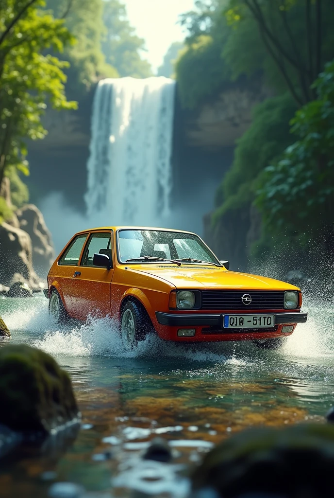 Blue Volkswagen golf driving next to the sea with big waves and young ladies running after it
