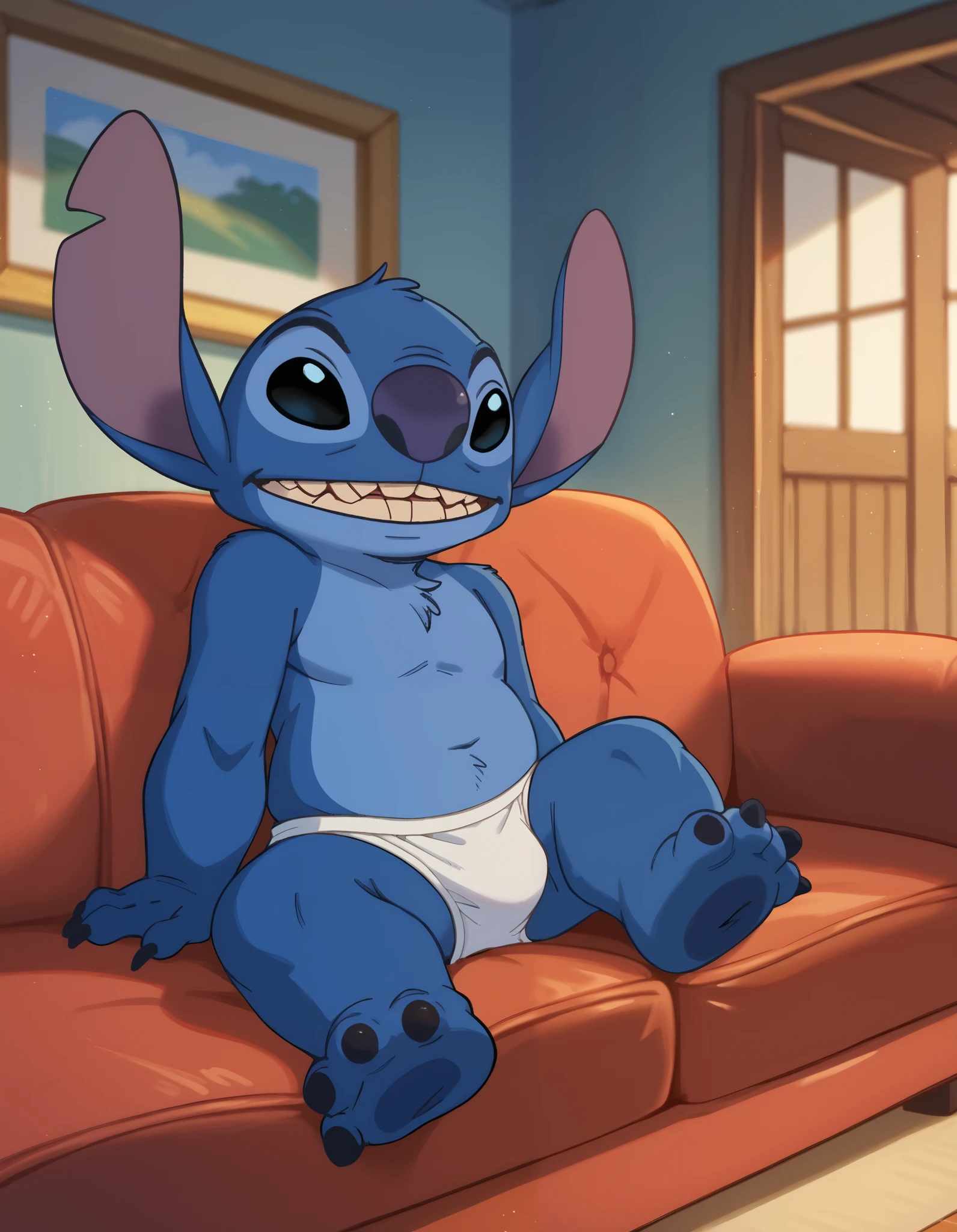 score_9, score_8_up, score_7_up, , rating_safe  1boy, stitch, black eyes, furry, blue fur, two tone fur,  grin, looking at viewer,  indoors, sitting on couch, white underwear,