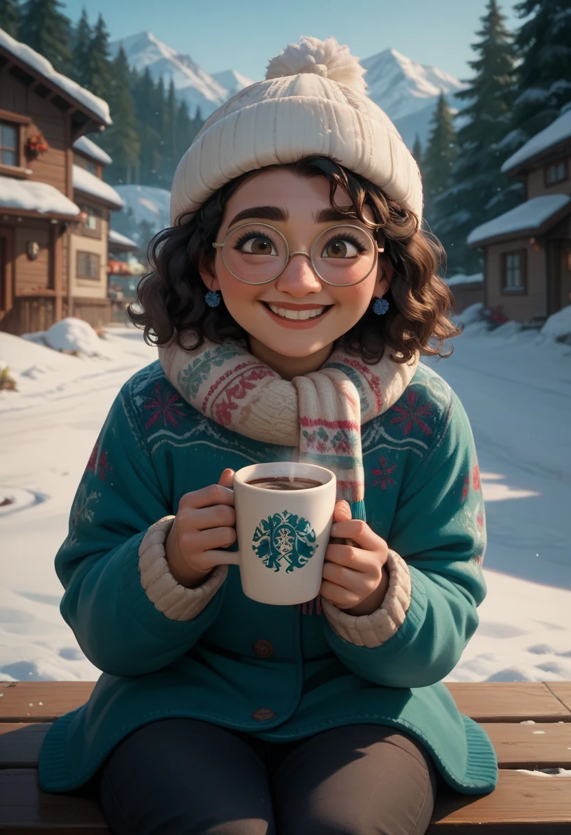 MirabelM, glasses 1girl, full sexy winter outfit in snow outside smile sitting drinking hot chocolate 