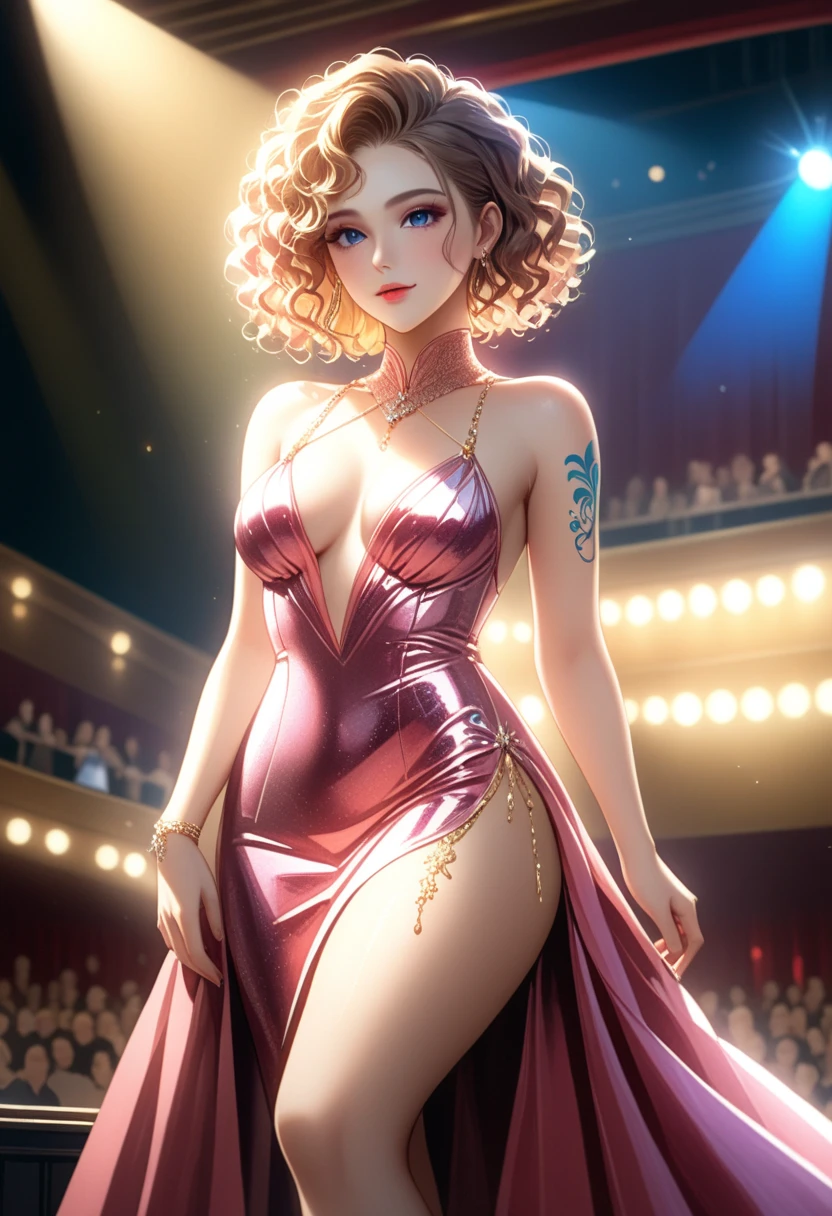  girl ,  sexy, Charming, ( Handmade Dress  :1.2),  beautiful cleavage , gloss , (Beautiful details), ( Perfect Anatomy ),  Curvy Short Curly Hair, Lacquered , shines,  Thin Stud , grace ,  Arm Jewelry ,  One Leg with a Tattoo , Background Scene,  Concert Hall , Opera ,  Spotlights Shine on Girl , bright colors,  better quality,  Make No Mistakes , masterpiece, 8 k,  Complex Details ,