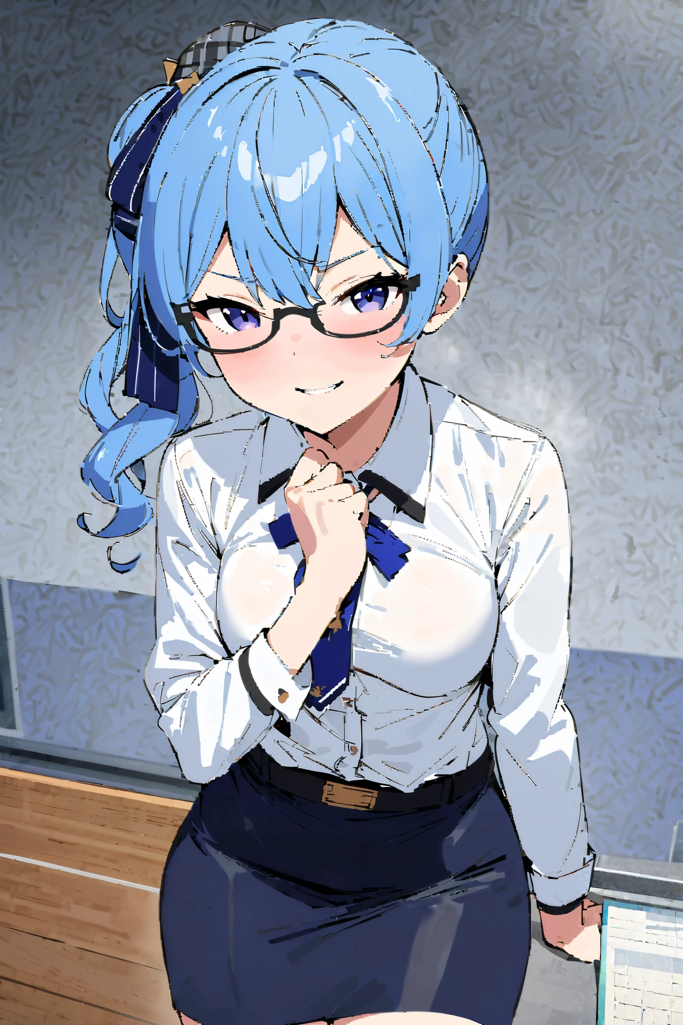 NSFW,masterpiece, best quality, high definition , Very detailed, Hoshimachi Suisei\( hololive \),Small breasts,teacher, dress shirt , pencil skirt,Glasses, office,office,Bad Smile