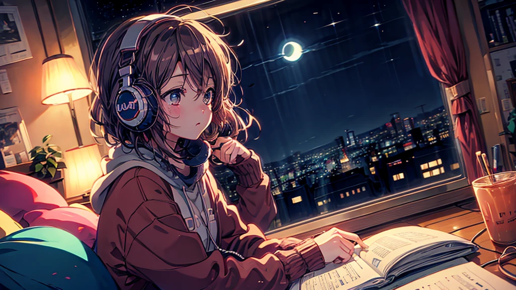  Listening to music in a cozy room at night***,  wearing headphones, Anime 2D Style, Lo-Fi, Highly detailed ,  hard disk 