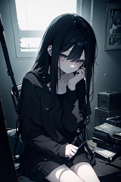 a girl with long dark hair, closed eyes, sitting on the floor with her ankles tucked under her, wearing an attractive goth-style outfit, headphones on, vibing to music, detailed facial features, high quality, intricate details, photorealistic, cinematic lighting, muted color palette, moody atmosphere