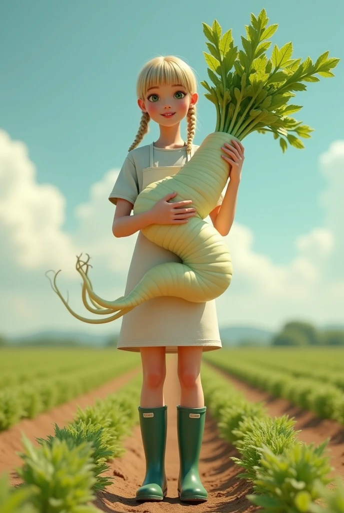 Super realistic illustration, Cinema 4D rendering, ((the Daikon shaped like a woman's crotch or thigh, It becomes bifurcated from the center, the pointed tips are tangled and twisted, tip, Daikon leaves growing at the top, White Daikon texture, The white part and the leaf part show a natural connection typical of Daikon)), 1 lady, solo, blush smile, braided blonde hair, blunt bangs, Azure eyes. white apron with sleeves, green rubber boots, Harvesting daikon in a large field, holding a big Daikon, showing a big Daikon to the camera, Pastoral Idyll