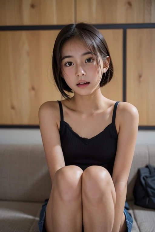 Warning when viewing,Orientate,ultra high resolution,1 person,whole body,black hair, Problematic expression,looks straight into the camera,Beautiful and refined face,thin and beautiful skin,skin texture,High school students,Sporting goods,,shorts,Class after school,rack,[short hair,Very good,