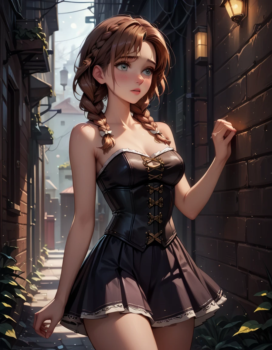 score_9, score_8_up, score_7_up, 1girl, solo, BREAK beautiful waifu, very sexy (Anna, brown hair, braided pigtails:1.3), BREAK wearing (sexy black_corset, bare arms, bare shoulders:1.4), (tight skirt, white_skirt:1.3), thighs, shy, BREAK (night, dark:1.4), dark alley, shallow depth of field, vignette, bokeh, BREAK (Hand, detailed, perfect, perfection, hands:1.2), perfect hands, perfect proportions, simple background, (cowboy shot:1.2).