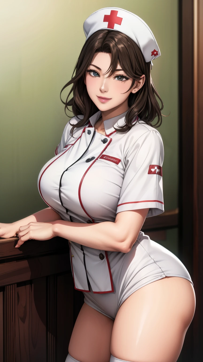 White nurse uniform, White nurse hat, Nurses room background , Sayuri,  anime cell style ,  best quality,  high definition ,  1 girl, very small breasts,  Facial beauty,  black hair,  wavy hair,  short hair ,  dark eyes,  COWBOY SHOOTING , smile,  blanking