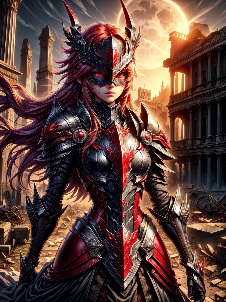 Brilliant scarlet red-eyed female Dark Knight in mask with ruins in the moonlight background