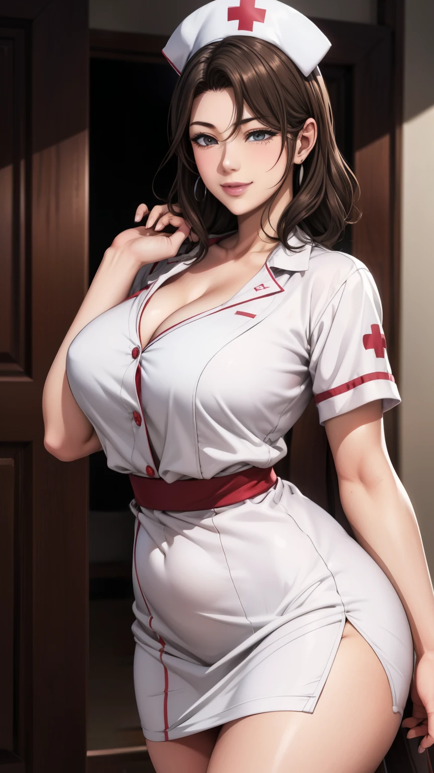 White nurse uniform, White nurse hat, Nurses room background , Sayuri,  anime cell style ,  best quality,  high definition ,  1 girl, very small breasts,  Facial beauty,  black hair,  wavy hair,  short hair ,  dark eyes,  COWBOY SHOOTING , smile,  blanking