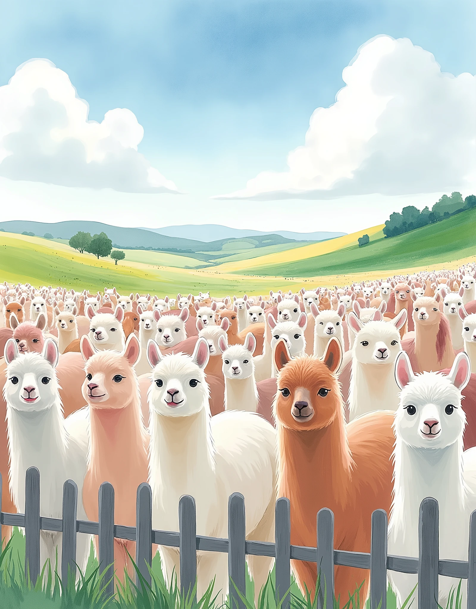 (masterpiece:1.2, best quality, ultra high resolution, Very detailed, best illustrations),8k,16k,wallpaper,Pastoral idyll,美しい gradient , vibrant colors,( Countless cute alpacas line up and face out of the fence:2.0),(Alpaca face up :2.0),(A South American ranch filled with endless alpacas:2.0),( dynamic:2.0),Watercolor,Smear, gradient ,Blur, sputtering,Layering,Dry brush,wiping , Soft-touch illustration 