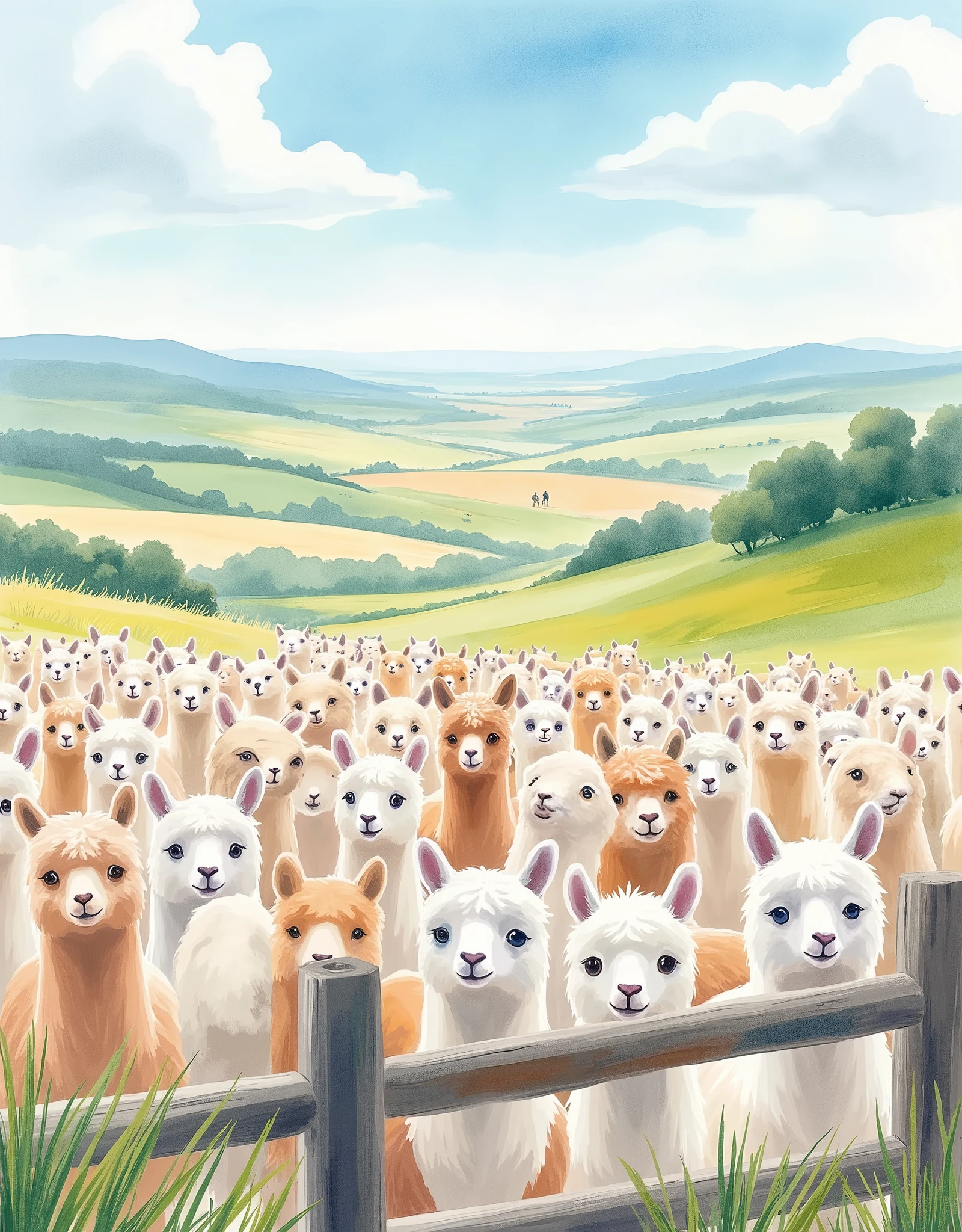 (masterpiece:1.2, best quality, ultra high resolution, Very detailed, best illustrations),8k,16k,wallpaper,Pastoral idyll,美しい gradient , vibrant colors,( Countless cute alpacas line up and face out of the fence:2.0),(Alpaca face up :2.0),(A South American ranch filled with endless alpacas:2.0),( dynamic:2.0),Watercolor,Smear, gradient ,Blur, sputtering,Layering,Dry brush,wiping , Soft-touch illustration 