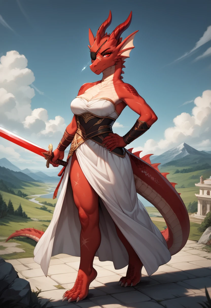 2d,girl,Landscape,Fullbody,Red Color eyes,Dragon Red body,Dragon white with scars,Dragon tail scars,eye patch on left eye,serious look on the face,Musketeer dress on,Standingi the street,with a Straight sword,Drawn Sword at the viewer,Fighting Stance,En Garde.