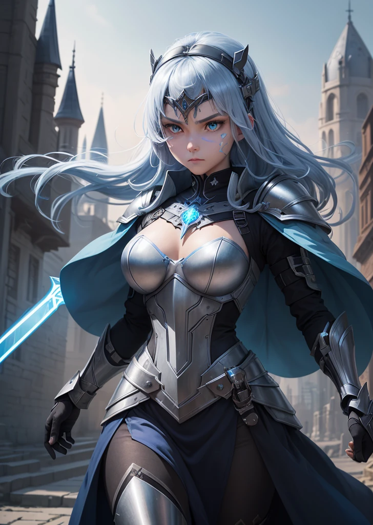 A warrior faith of a futuristic medieval world ,  with elegant armor that combines traditional metal plates with blue LED lights that run along its edges . His helmet, inspired by a headband ,  reveals her determined face ,  with bright eyes and a light scar on her cheek .  She carries an energy sword with a shiny core and holographic runes floating around the blade .  Her cape is made of nanofabric ,  that changes color between blue and black depending on the movement . in the background,  a citadel merges gothic towers advanced technological structures under a Twilight sky full of floating drones.