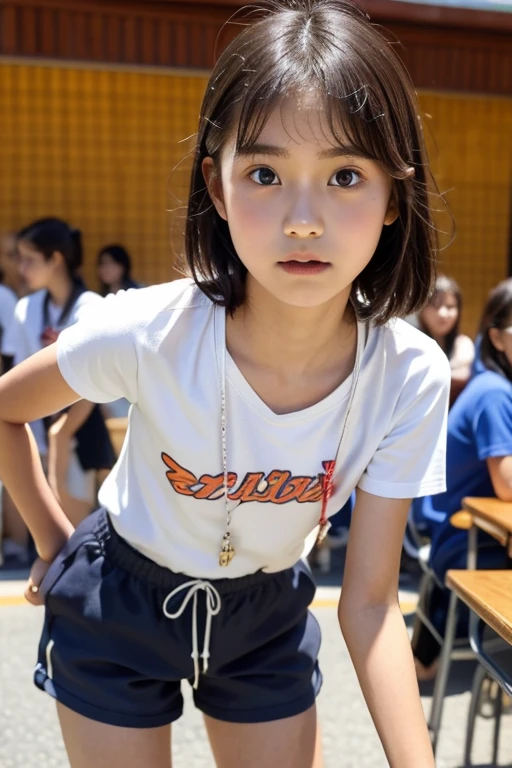 Warning when viewing,Orientate,ultra high resolution,1 person,whole body,black hair, Problematic expression,looks straight into the camera,Beautiful and refined face,thin and beautiful skin,skin texture,High school students,Sporting goods,,shorts,Class after school,rack,[short hair,Very good,