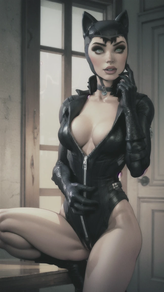 masterpiece,best quality,extreme detail,8k,catwoman2, 1girl, solo, breasts, large breasts, gloves, animal ears,, medium breasts, green eyes, , cat ears, lips, black lace bra, visible vagina, masturbation,nsfw