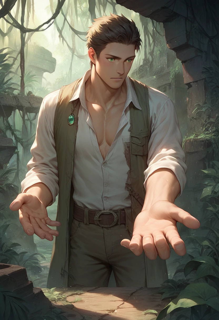 male, Jungle ruins, Explorer, professor, Open the box with your right hand ,  and the left hand holds the green gemstone in the box,  dark environment ,  The gemstone is slightly shiny 