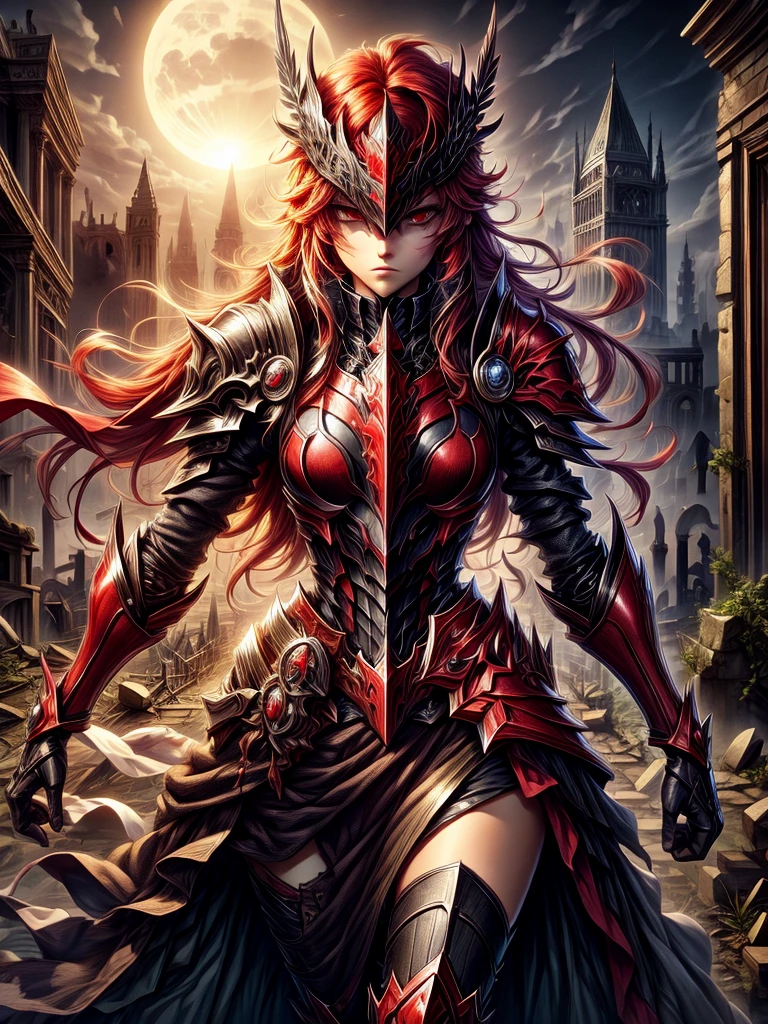 Brilliant scarlet red-eyed female Dark Knight in mask with ruins in the moonlight background