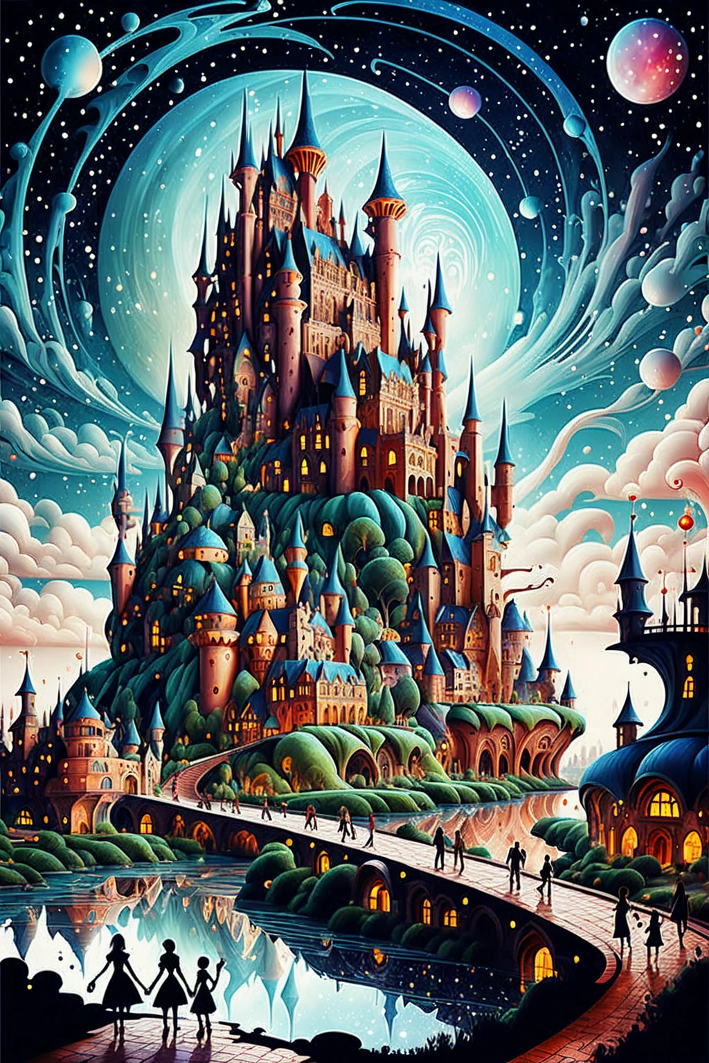 castle in wonderland, sci-fi city landscape with people, walking along the river, Fantastic starry sky 