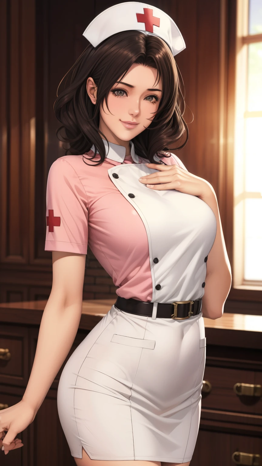 White nurse uniform, White nurse hat, Nurses room background , Sayuri,  anime cell style ,  best quality,  high definition ,  1 girl, very small breasts,  Facial beauty,  black hair,  wavy hair,  short hair ,  dark eyes,  COWBOY SHOOTING , smile,  blanking