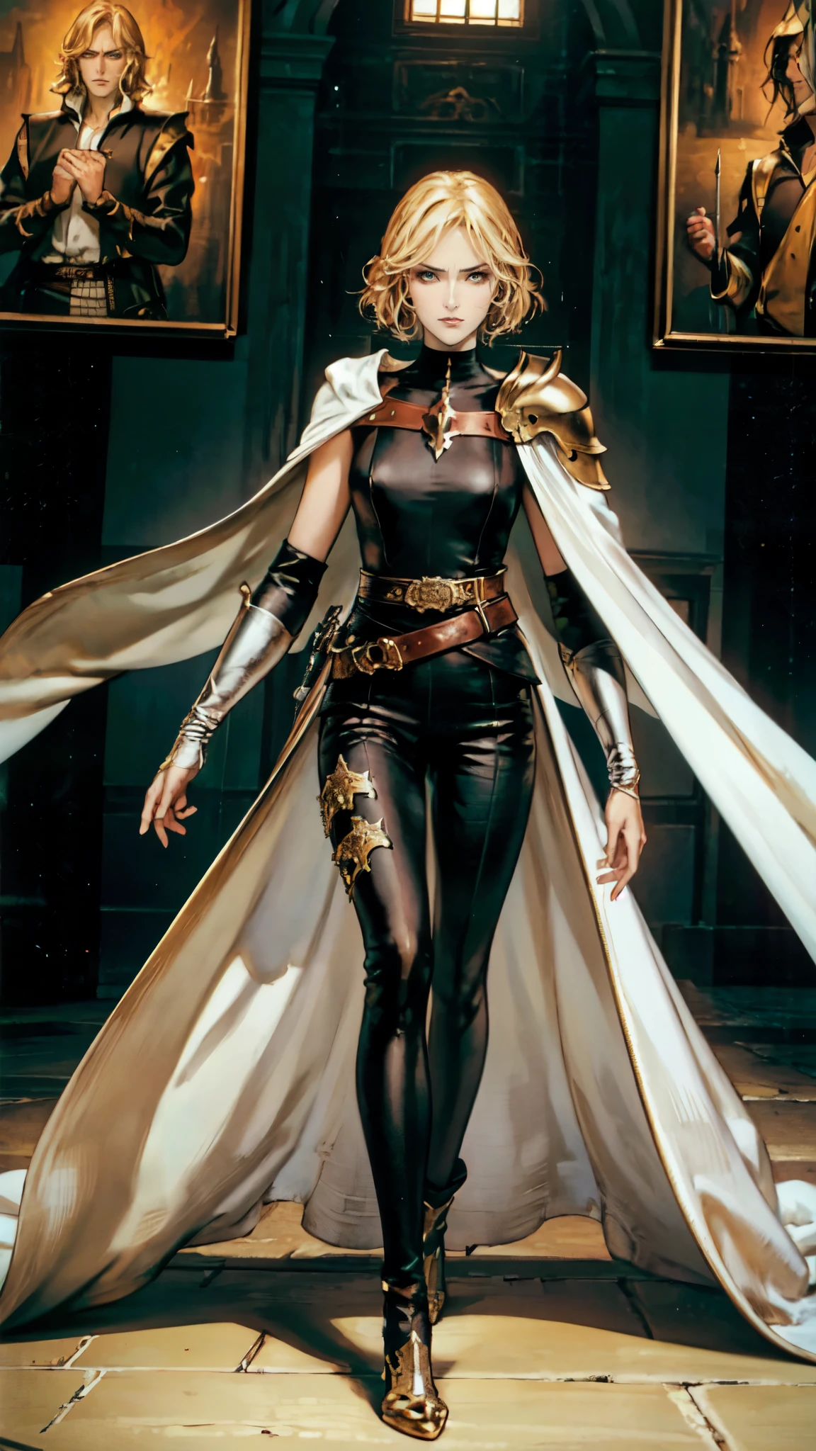 (masterpiece:1.2, best quality:1.2, extremely delicate:1.2), a beautiful woman with short tousled golden hair, deep-set eyes, sharply defined features, serious expression, luxurious yellow-and-white fantasy-style composite silk satin top, silk ribbon cape around the upper body, small metallic shoulder pads, fabric gloves, a belt adorned with metallic gear decorations, dark hem, white fabric trousers, strolling in a medieval fantasy-style city, this character embodies a finely crafted fantasy-style nobleman in anime style, exquisite and mature manga art style, dramatic, high definition, highres, ultra-detailed, ultra-fine painting, professional, perfect body proportions, golden ratio, anatomically correct, symmetrical face, extremely detailed eyes and face, high quality eyes, creativity, RAW photo, UHD, 32k, Natural light, cinematic lighting, (masterpiece-anatomy-perfect:1.2)