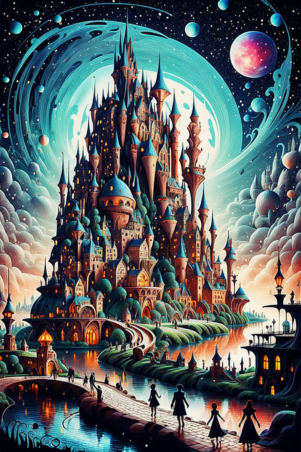 castle in wonderland, sci-fi city landscape with people, walking along the river, Fantastic starry sky 