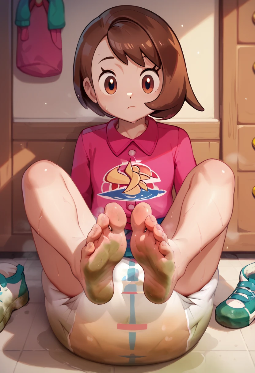 masterpiece, best quality, highres, gloria as a ddler, girl sitting, wet diaper, very cute, adorable, curious, barefoot sole, foot focus, dirt, smelly, stinky, steamy, sweaty