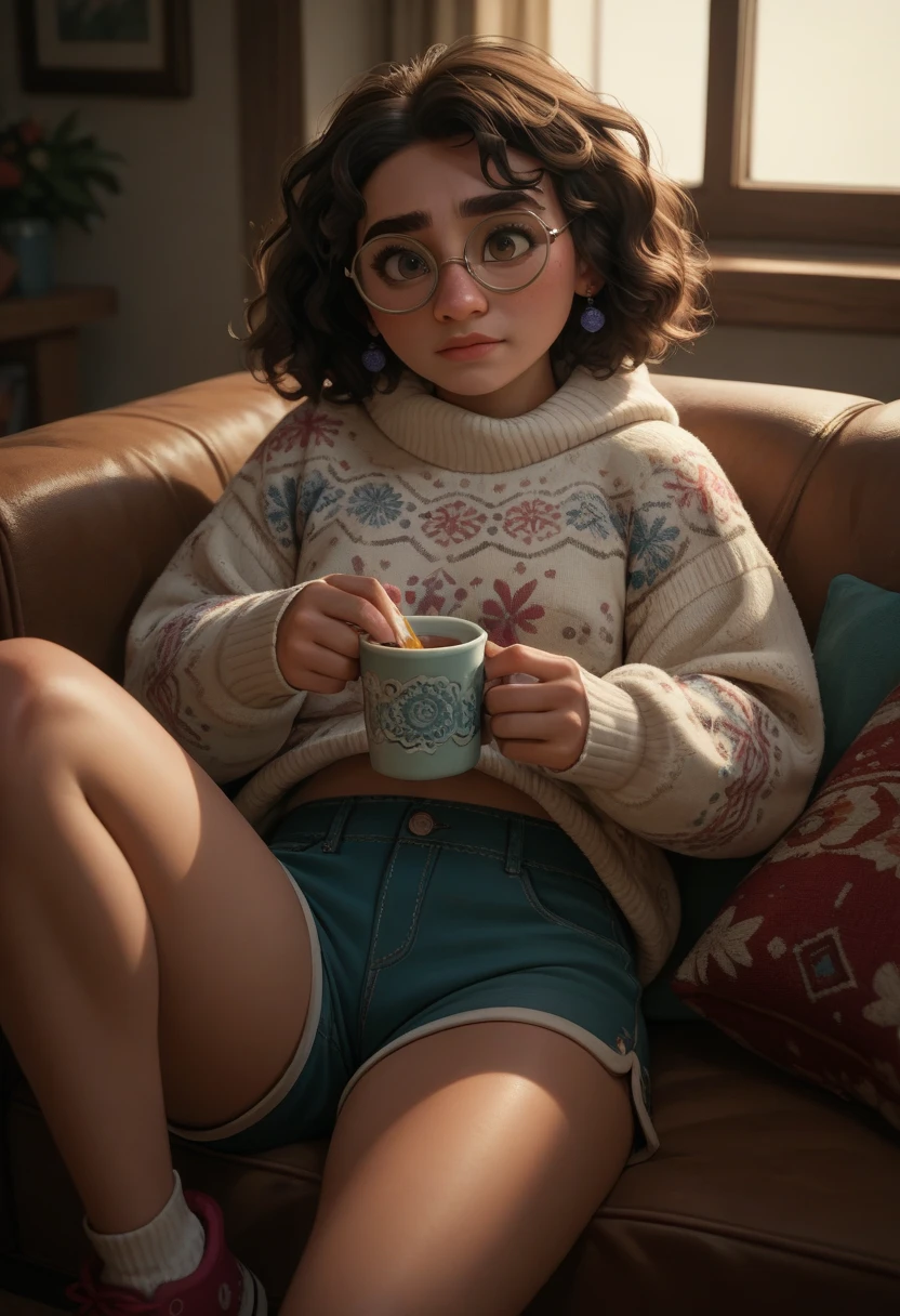 MirabelM, glasses 1girl, full sexy winter jumper shorts sitting by fire relaxing 