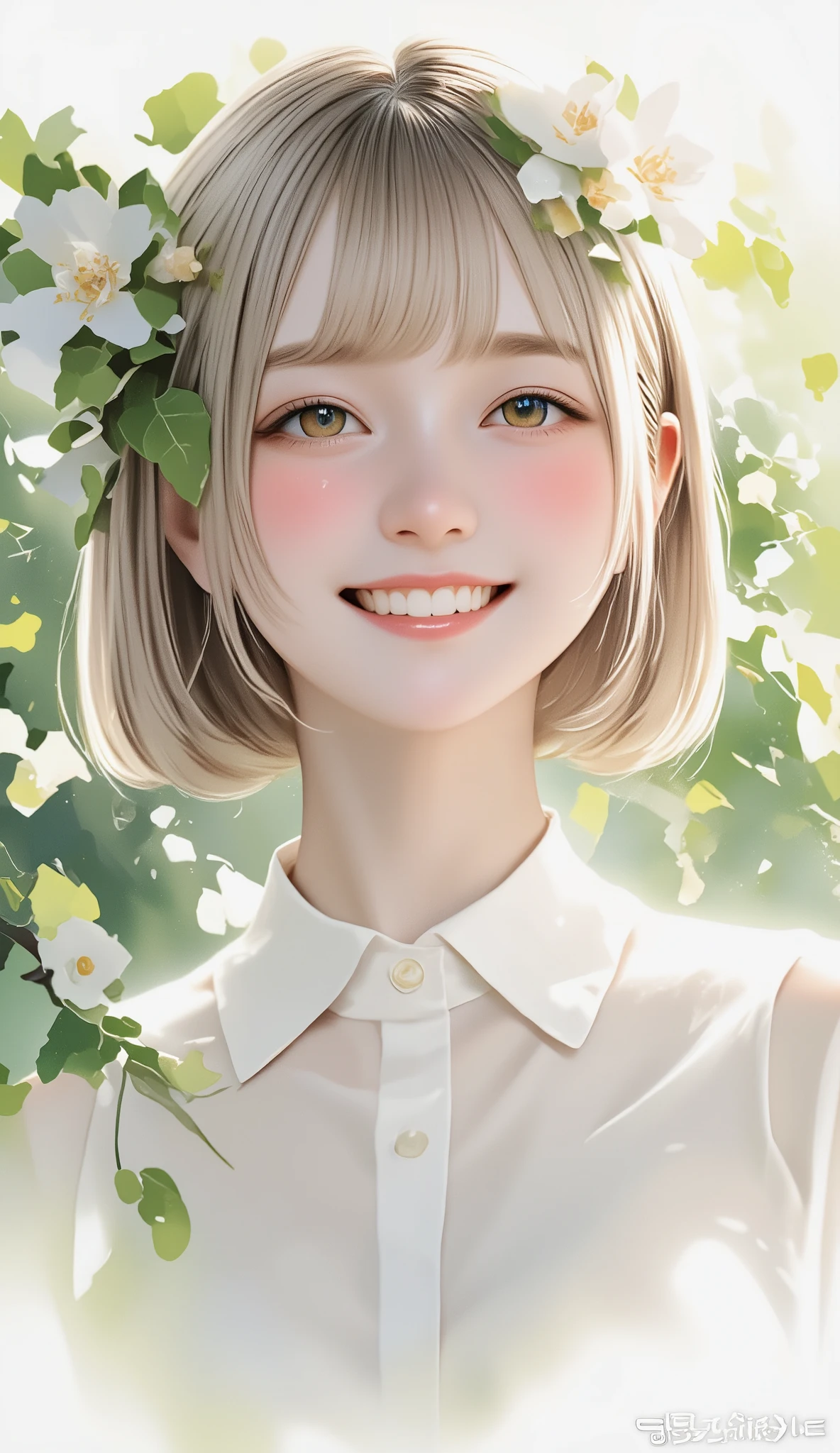 (masterpiece、 best quality、 best quality、 beautiful and beautiful :1.2)、(Good anatomy:1.5)、watercolor, watercolor, watercolor風, watercolorの詳細なアート, watercolor digital painting, watercolor paints, drawing of a girl with straight short hair adorning her head with flowers and leaves、 white blouse 、 has a smiling face 、 looking at the camera、Decorate your head with flowers and leaves、Nemophila