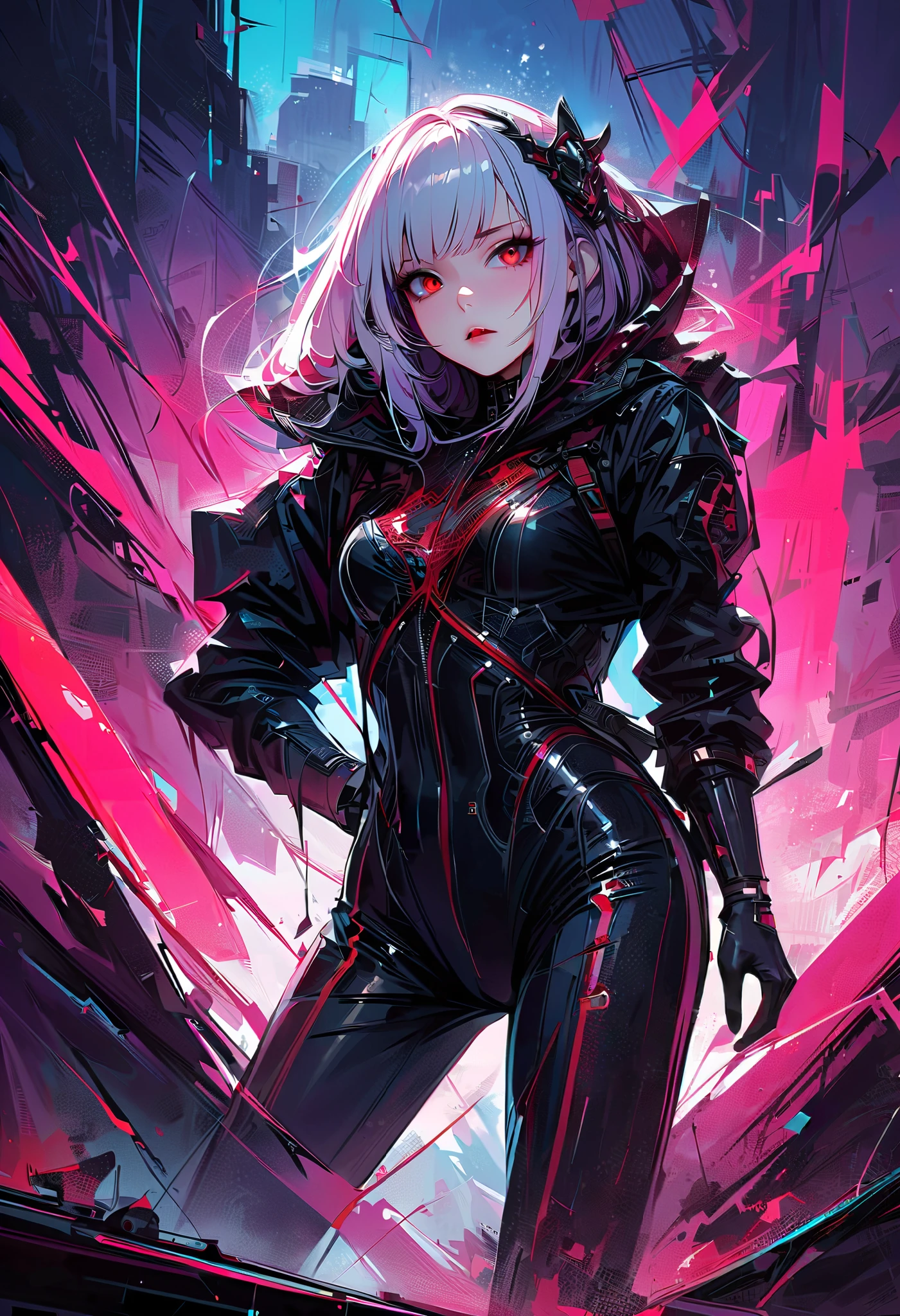 masterpiece, Best quality, 8 k, digital painting, 1 girl, One, get up, youth, White hair, Длинные White hair, hair accessories, Red eyes, round pupils, impassive facial expression, blood stains, Mechanical parts, electrical wire, cable, The effect of failure, terrifying, Science fiction, futuristic, Dark inside background, neon lights, Cyberpunk characters, surreal, strange, alarming, Chilling, terrifying, overalls,Red eyes,Poison Obsession,blackened,Long black gloves,One-piece trousers,tight latex bodysuit,Emphasize her graceful figure,Wrap your whole body,symbiont,((raised sexy)),overalls,Red eyes,Poison Obsession,blackened,Long black gloves,One-piece trousers,Black latex clothing,Blood-Red eyes,Best quality, A high resolution, Super detailed, Bright textures, a mask, tight latex bodysuit, bang,purple hair, Blue eyes