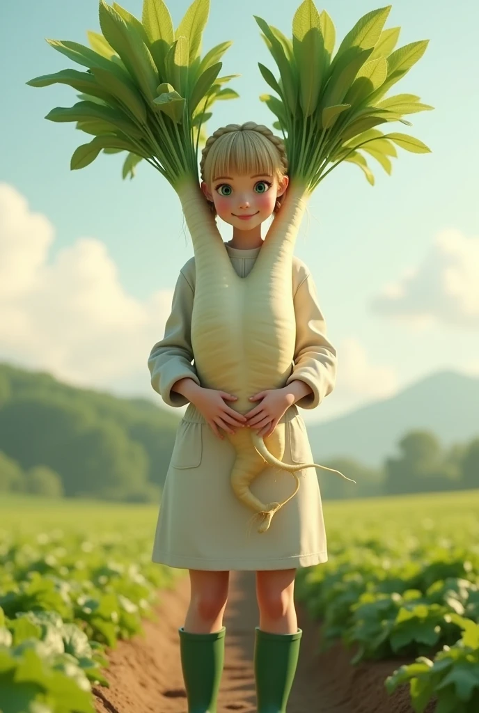 Super realistic illustration, Cinema 4D rendering, ((The Daikon shaped like a woman's crotch or thigh, It becomes bifurcated from the center, the pointed tips are tangled and twisted, tip, Daikon leaves growing at the top, White Daikon texture, The white part and the leaf part show a natural connection typical of Daikon)), 1 lady, solo, blush smile, braided blonde hair, blunt bangs, Azure eyes. white apron with sleeves, green rubber boots, Harvesting daikon in a large field, holding a big Daikon, showing a big Daikon to the camera, Pastoral Idyll