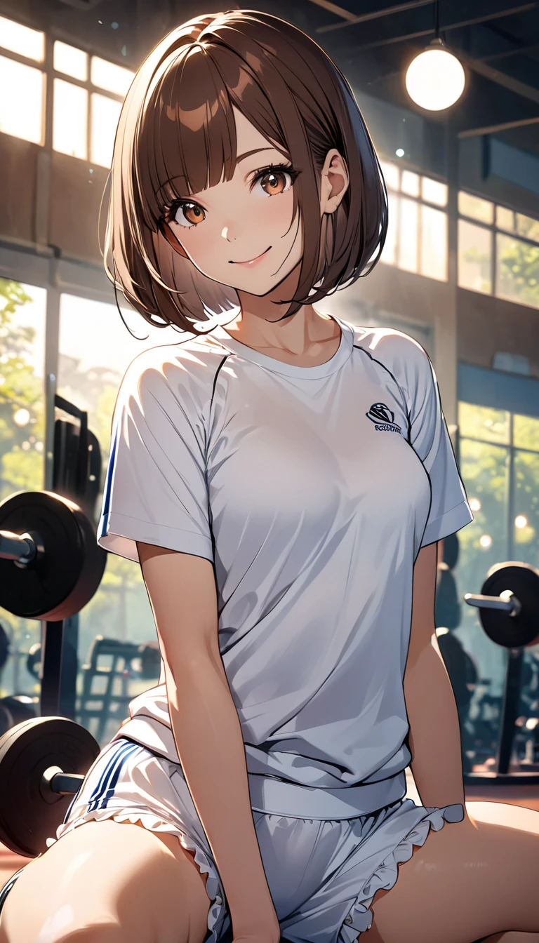   1 girl , ( brown hair,   bob cut from the front),   Crouching  :1.2,  Full body portrait, smile, ( school-designated sport , Bloomers:1.2,   white round neck shirt ,  training underwear ),  training gym environment , Anime:1.2,   complex details ,   cinematic lighting  ,   bright color , Soft bokeh background  ,   Digital Art ,   concept art style  , masterpiece:1.4.