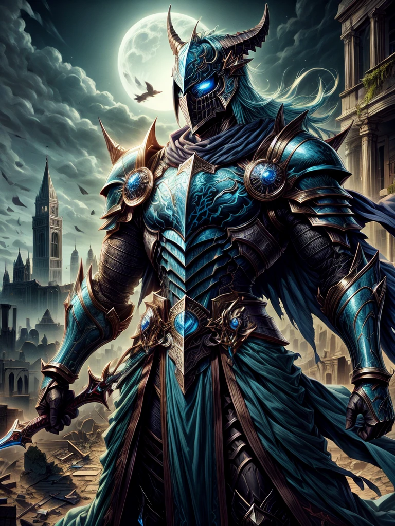 Knight of Darkness bright cyan blue eyes in mask with ruins in the moonlight background