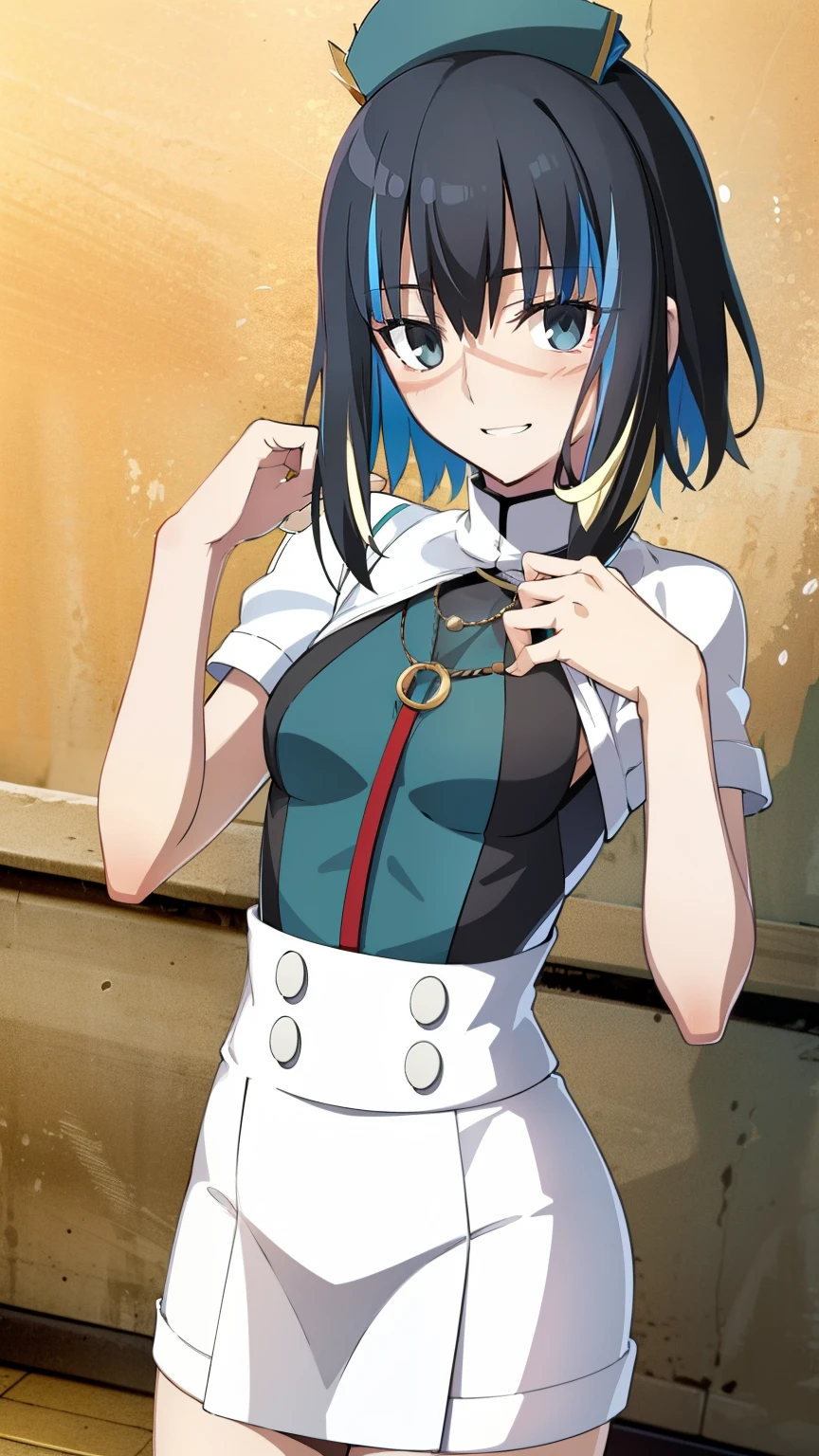 White nurse uniform, White nurse hat, Nurses room background , Sayuri,  anime cell style ,  best quality,  high definition ,  1 girl, very small breasts,  Facial beauty,  black hair,  wavy hair,  short hair ,  dark eyes,  COWBOY SHOOTING , smile,  blanking