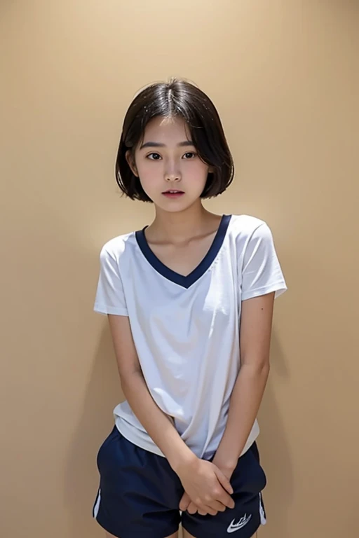 Warning when viewing,Orientate,ultra high resolution,1 person,whole body,black hair, Problematic expression,looks straight into the camera,Beautiful and refined face,thin and beautiful skin,skin texture,High school students,Sporting goods,,shorts,Class after school,rack,[short hair,Very good,