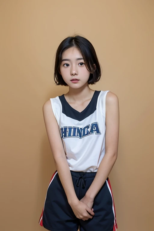 Warning when viewing,Orientate,ultra high resolution,1 person,whole body,black hair, Problematic expression,looks straight into the camera,Beautiful and refined face,thin and beautiful skin,skin texture,High school students,Sporting goods,,shorts,Class after school,rack,[short hair,Very good,