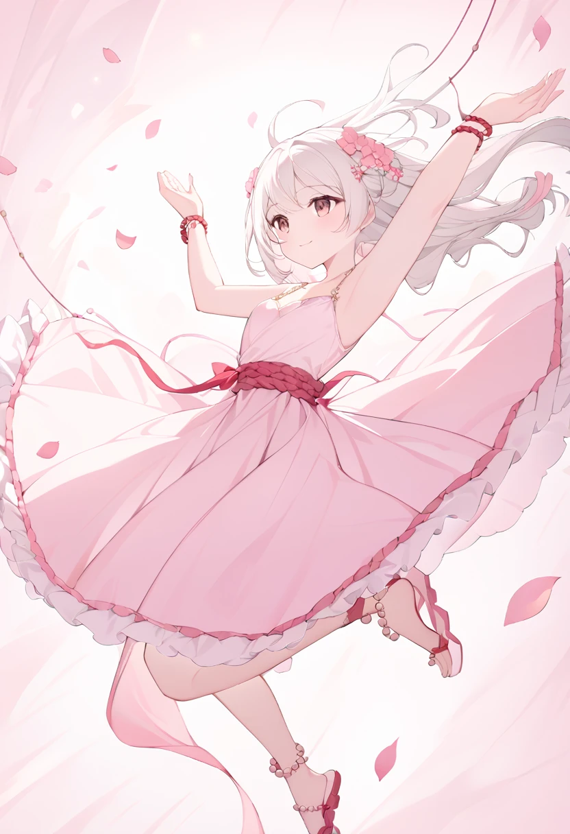 ((Around her feet are pink petals)) Beautiful dancing girl, with brown eyes((happy)) holding a string instrument wooden chain of beads around her ankles and waist long white hair twirls in the air, wearing a pink dress with red hemming,