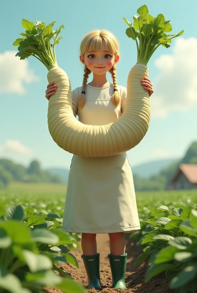 Super realistic illustration, Cinema 4D rendering, ((The Daikon shaped like a woman's crotch or thigh, It becomes bifurcated from the center, the pointed tips are tangled and twisted, tip, Daikon leaves growing at the top, White Daikon texture, The white part and the leaf part show a natural connection typical of Daikon)), 1 lady, solo, blush smile, braided blonde hair, blunt bangs, Azure eyes. white apron with sleeves, green rubber boots, Harvesting daikon in a large field, holding a big Daikon, showing a big Daikon to the camera, Pastoral Idyll