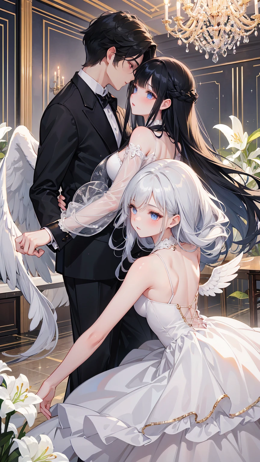 1boy,1girl,( white hair,white_hair,silver_hair,silver hair,red eyes)bangs, bare shoulders, black gloves, blush, bouquet, breasts, bridal veil, cleavage, closed mouth, collarbone, cross, cross necklace, dress, earrings, elbow gloves, eyebrows visible through hair, flower, formal, gloves, grey vest, hair between eyes, holding, holding bouquet, jacket, jewelry, large breasts, long hair, long sleeves, looking at viewer, necklace, pants, purple eyes, purple flower,( purple hair), red eyes, rose, short hair, simple background, suit, tiara, veil, wedding dress, white dress, white flower, white gloves, white jacket, white pants, white rose, white suit