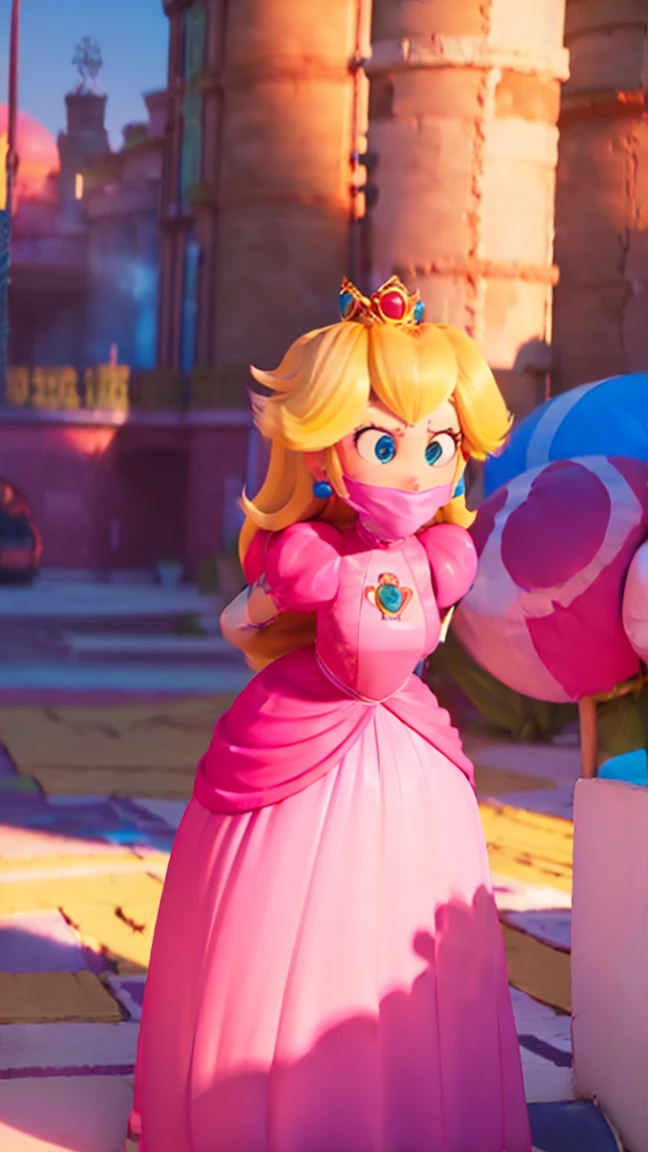 Princess Peach, , ((wearing a long pink dress)), huge breasts, upper body, masterpiece,8k, best quality, good hands,good eyes, pixarstyle, 1girl, solo, style,parody,3d,long hair, detail hair, blonde hair, maximum detail, intricate detail, extremely clear, beach, nsfw, smile, shy, blush, embaressed, ((long hair)), (tall girl), (solo, 1 girl), ((shibari, arms behind back : 1.4)) , ( full face otn gag mask), (full body view),((toes to head view)), ((complete body view photo)), ((standing)), Scared, (Skinny), view the viewer, ((shibari, bound arms, arms back behind:1.4)), ((tied in a wood pole)), ((wood pole)), ((tight full face latex mask)), (otn gag), gagged, (tight latex mask), (black mask), day light, ((she wears a black mask with a mouth printed on it)), neck corset, salve chains