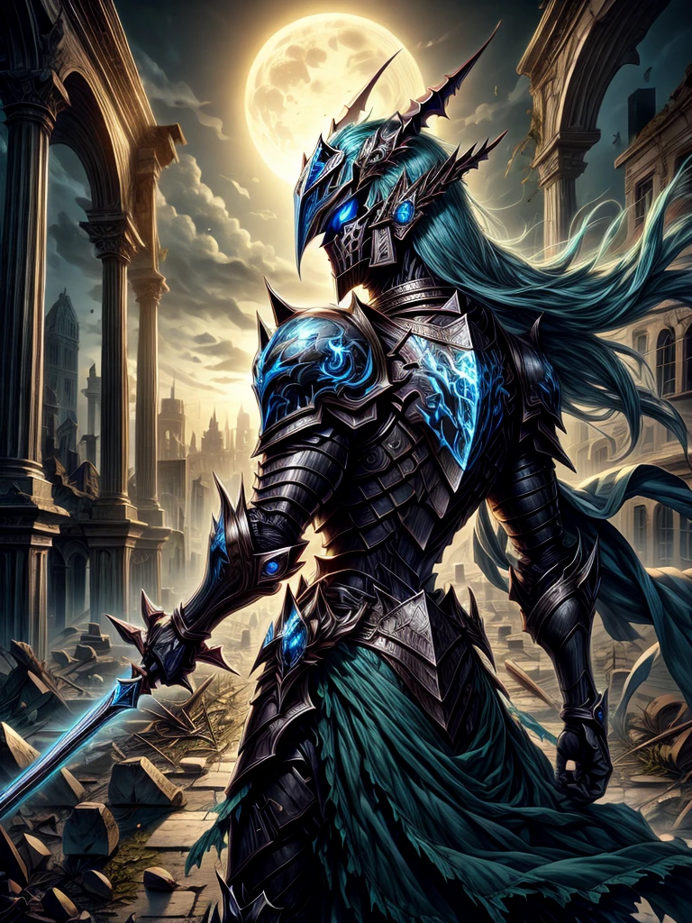 Knight of Darkness bright cyan blue eyes in mask with ruins in the moonlight background