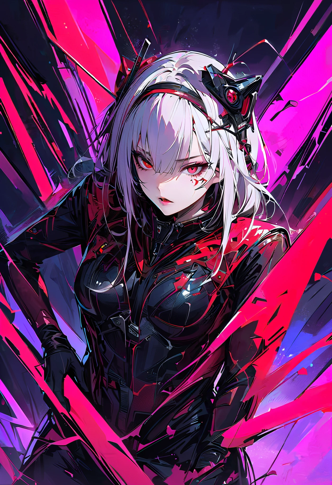Demon girl, cute, white hair, red horns, black mask, light armor, tight pants, pants slightly torn, mouth hidden